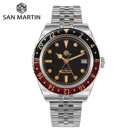 San Martin 40mm SN0005 Retro GMT NH34 Automatic Distressed Patina Dial Bi-color Sapphire Bezel Jubilee Mens Watches 20Bar Lume
