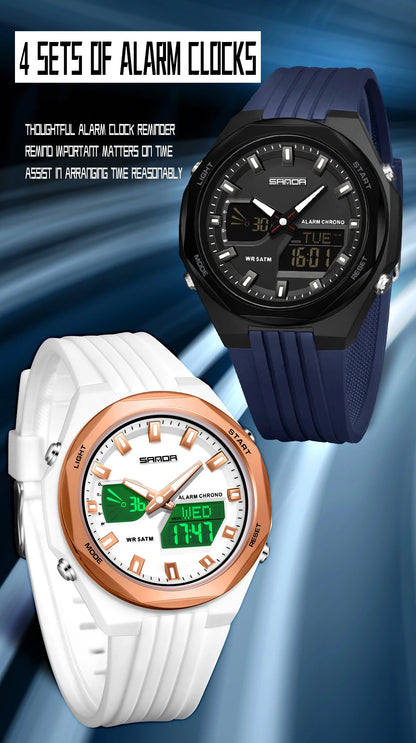 Fashion SANDA 6267 Men's Electronic Watch Multifunctional Operation Night light waterproof Dual Display Student Electronic Watch