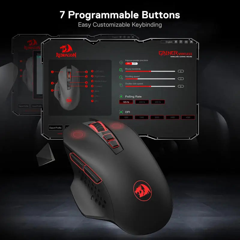 Безжична геймърска мишка Redragon M656 Gainer, 4000 DPI, 2.4Ghz, с 5 нива на DPI, 7 макро бутона, червена LED подсветка