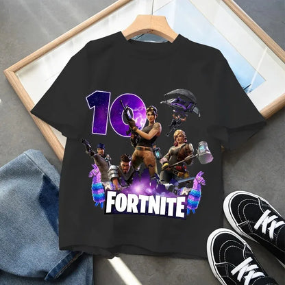 Fortnite Kinder-Geburtstagszahl-T-Shirt für Mädchen und Jungen, Sommerkleidung, Baby-T-Shirt aus Baumwolle, kurzärmliges Party-Oberteil, Geschenk für Kleinkinder