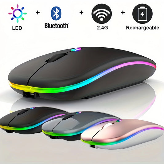 Rechargeable Bluetooth Wireless Mouse with 2.4GHz Dual Mode, RGB Ergonomic Silent Click Mouse for Laptop, PC, Mac, iPad & Android