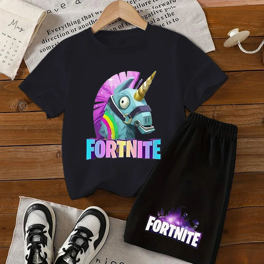 2026 Neues Fortnite-Kinderset aus reiner Baumwolle, kurzärmelig, mit Cartoon-Print, Sportshirt für Jungen, lässiges Sommer-T-Shirt, 2-teilig