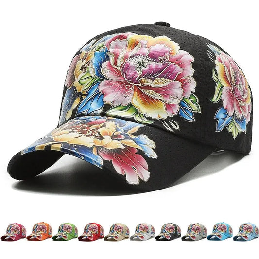 Sneldrogende zomerbaseballpet voor heren en dames, bloemen-zonnehoed met Chinese stijlprint, florale zonnehoed voor buitengebruik