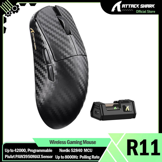 ATTACK SHARK R11 ULTRA Wireless Gaming Mouse, 49g Carbon Fiber, 42000 DPI, 8000Hz, PAW3950MAX Sensor, Tri-Mode Gaming Mouse