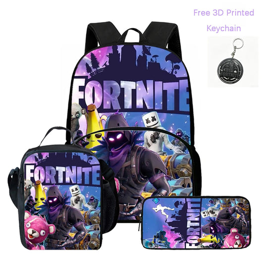 Leichtes FORTNITE 3-teiliges Rucksack-Set mit Vordertasche, Lunchbag, Federmäppchen und kostenlosem 3D-bedrucktem Schlüsselanhänger für Jungen und Mädchen im Alter von 5-10 Jahren
