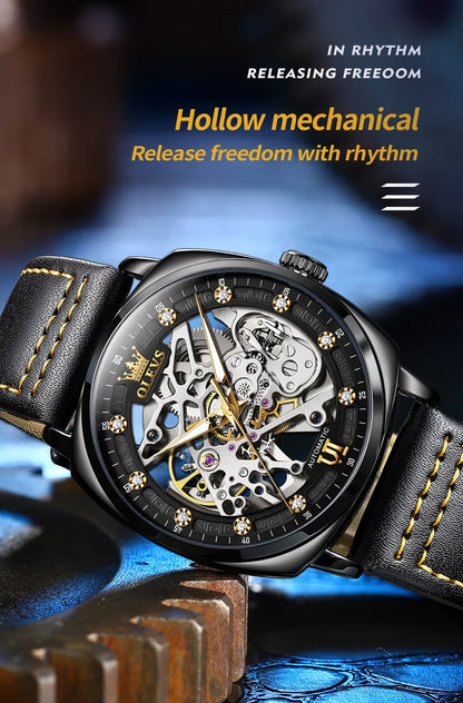 OLEVS 6651 Men's Watch Classic Automatic Mechanical Watch For Men Hollow Skeleton Clock Luxury Leather Waterproof Wrist Watches
