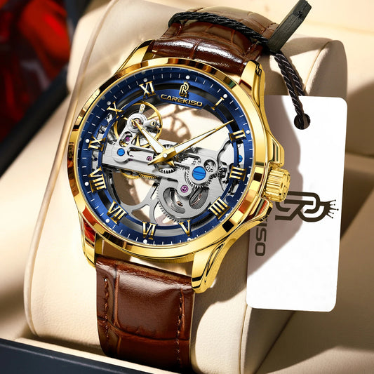 CAREKISO Fashion Men's Watches Original Mechanical Leather Men Clock Waterproof Hollow Tourbillon Automatic Man Watch Reloj Male