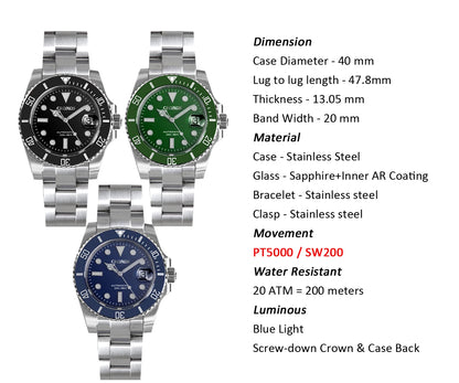 Cronos Sub Diver Men Watch No Date PT5000 Brushed Bracelet Ceramic Bezel 200 meters Water Resistant
