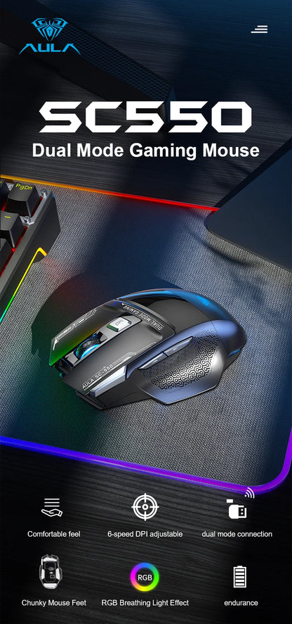 AULA SC550 žaidimų pelė, 2.4G belaidė makro pelė su RGB apšvietimu, ergonomiško dizaino e. sporto pelė, PC priedai