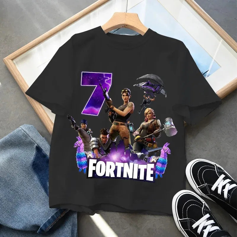 Fortnite Kinder-Geburtstagszahl-T-Shirt für Mädchen und Jungen, Sommerkleidung, Baby-T-Shirt aus Baumwolle, kurzärmliges Party-Oberteil, Geschenk für Kleinkinder