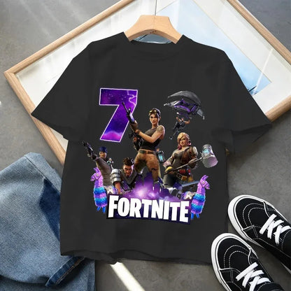 Fortnite Kinder-Geburtstagszahl-T-Shirt für Mädchen und Jungen, Sommerkleidung, Baby-T-Shirt aus Baumwolle, kurzärmliges Party-Oberteil, Geschenk für Kleinkinder