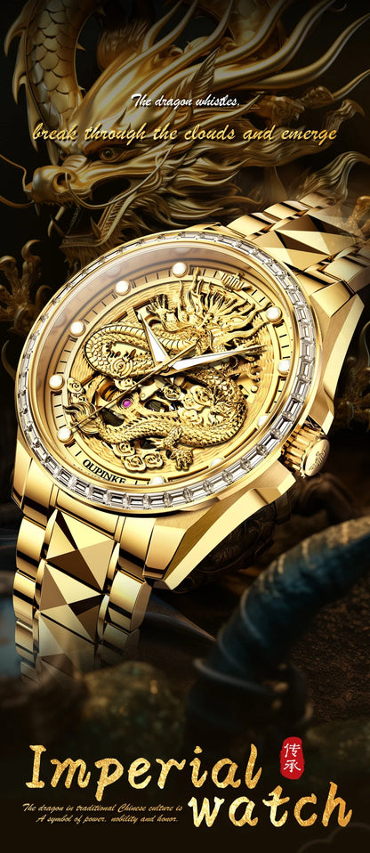 Reloj para hombre OUPINKE de marca de lujo, oro y acero de tungsteno, original, automático mecánico, con esfera decorada con motivo de dragón