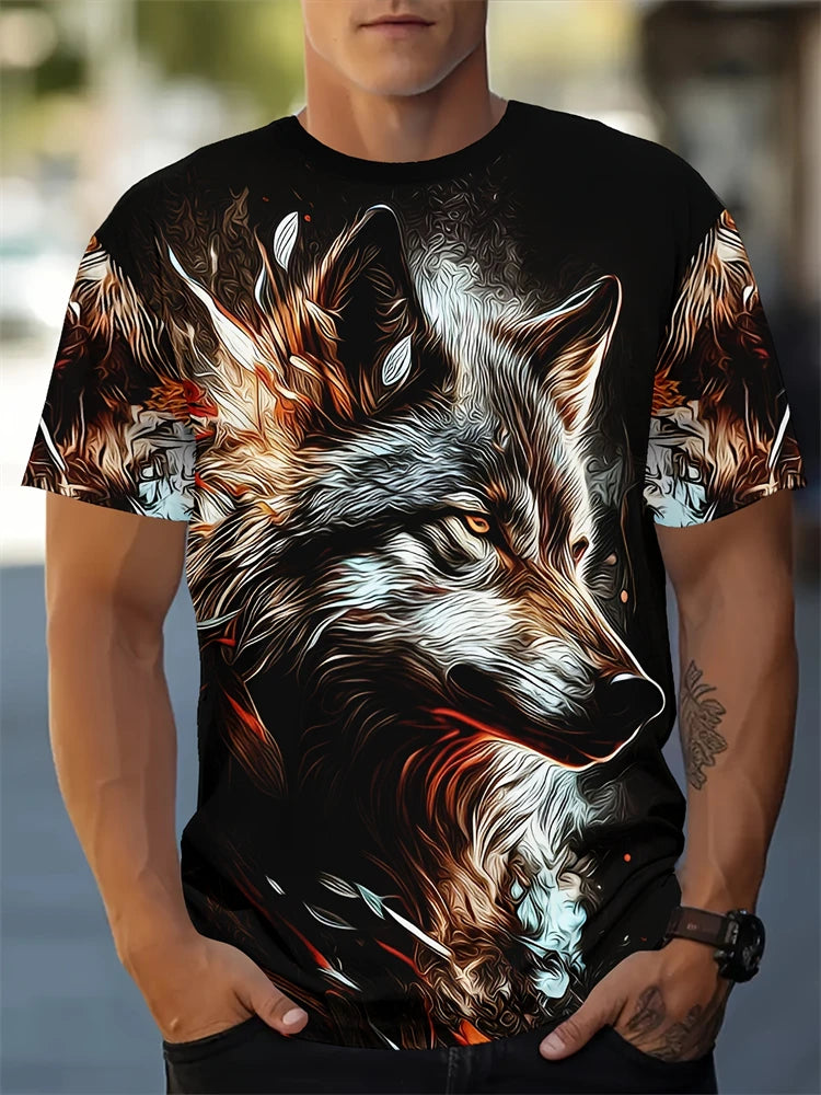Fashionable Men's Round-neck Short-sleeved T-shirt 3D Printed Wolf T-shirt Men's Casual Sports Short-sleeved Street Top