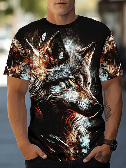 Fashionable Men's Round-neck Short-sleeved T-shirt 3D Printed Wolf T-shirt Men's Casual Sports Short-sleeved Street Top