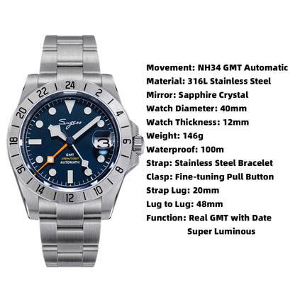 SEESTERN GMT Retro Watch for Men NH34 Automatic Movement Mechanical Wristwatches Sapphire Crystal Fine-tuning Pull Button S436