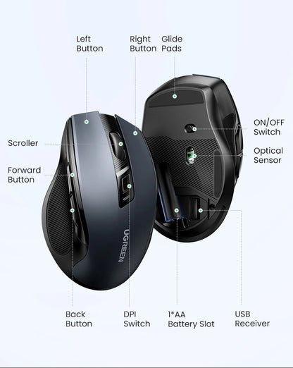 UGREEN langaton hiiri Bluetooth 5.0, ergonominen 4000DPI, 6 hiljaista painiketta, MacBookille, tabletille, kannettaville tietokoneille, tietokoneelle ja PC:lle, 2.4G-hiiri