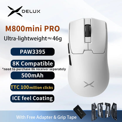 Delux M800mini Wireless Gaming Mouse, 46g Lightweight, PAW3395/PAW3311, 1KHz Polling Rate for Small to Medium Hand PC Gamer