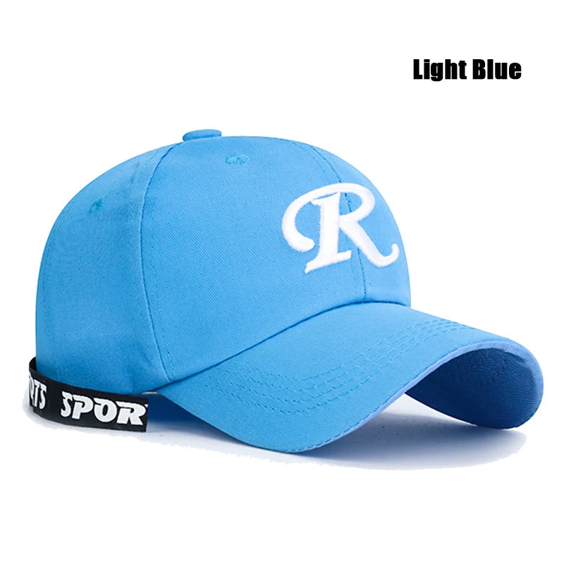 R-Buchstabe, Bandstickerei, Baumwolle, verstellbar, Baseballkappe mit festem Schirm, Sonnenhut, Trucker-Caps, Hip-Hop-Caps