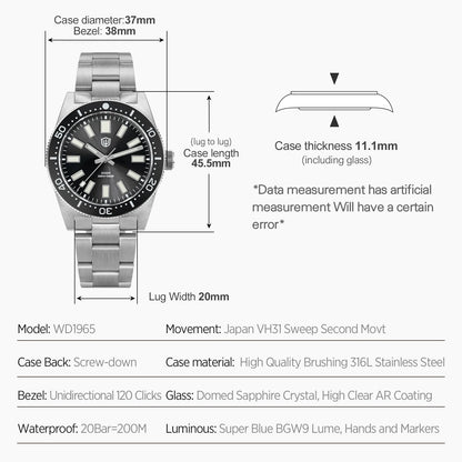 Watchdives Wd1965 V2 Fashion Quartz Wristwatches Vh31 Sapphire Man Watches Luxury Stainless Steel 200M Waterproof Diver Watch