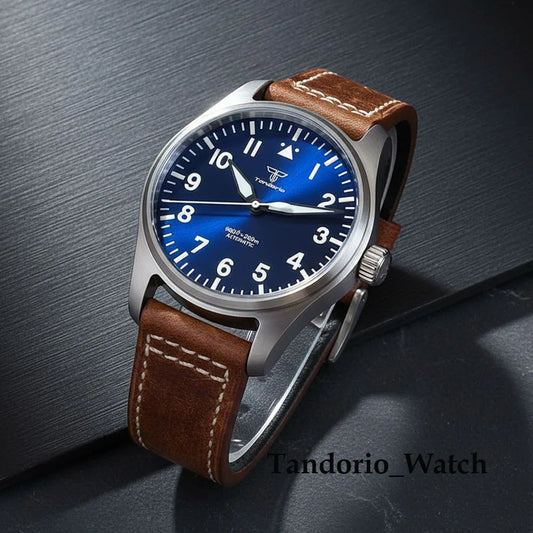Tandorio 39mm Luxury Pilot Style Automatic Mechanical Men Watch For Miyota 8215 Movement 20ATM Luminous Diver Wristwatch Leather