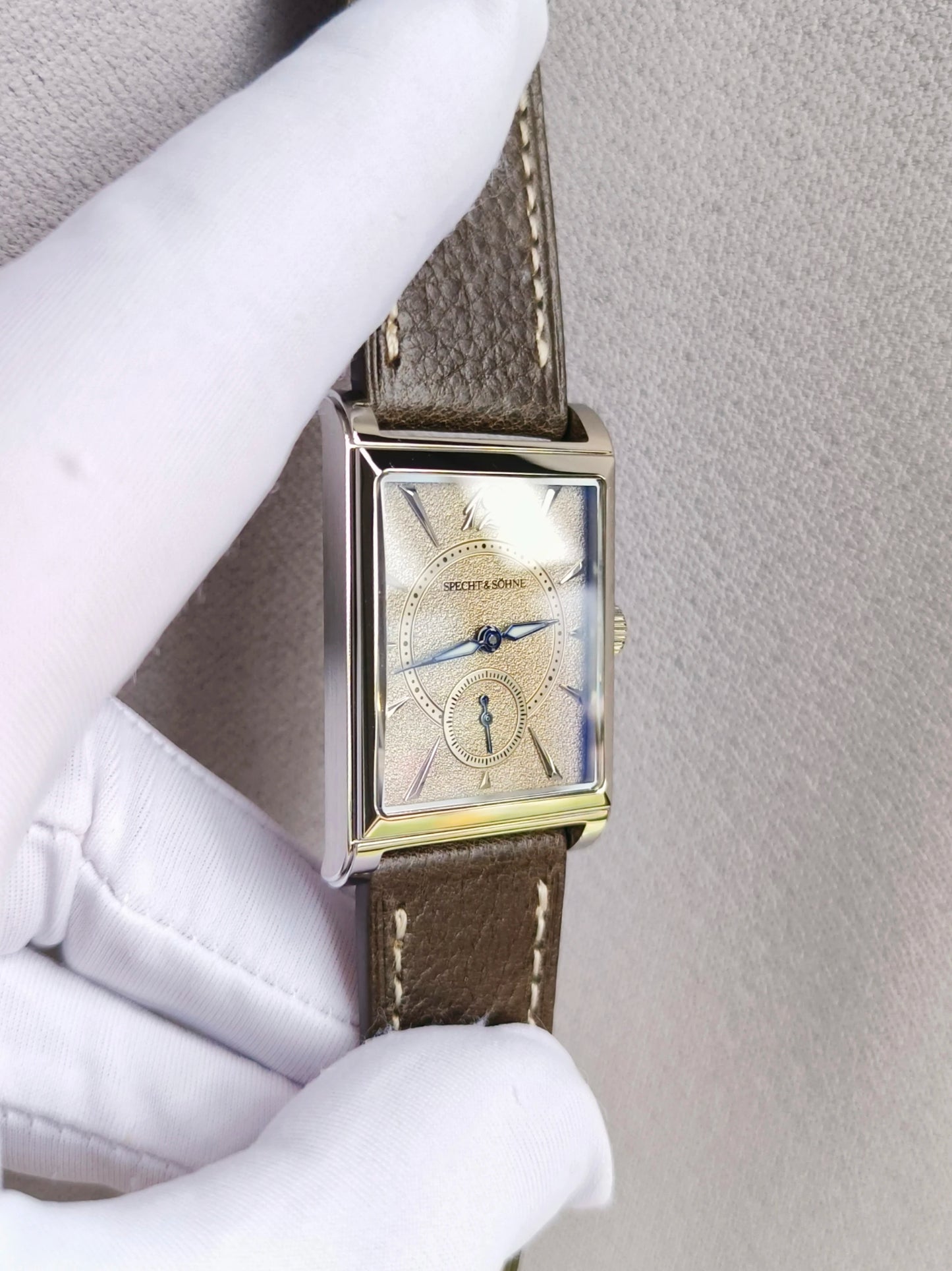 2026 Specht&Söhne Ultra Thin 7.5mm Rectangular Watch Japan Quartz Movement Small Seconds Sandblasted Dial Grey Leather Strap Watch