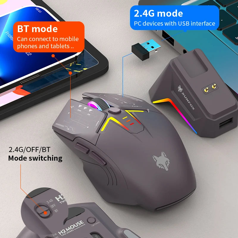 XUNSVFOX H2 langaton Bluetooth-kaksoistilahiiri RGB-valaistustehosteella kannettavalle, pelaamiseen ja toimistokäyttöön, magneettinen lataus