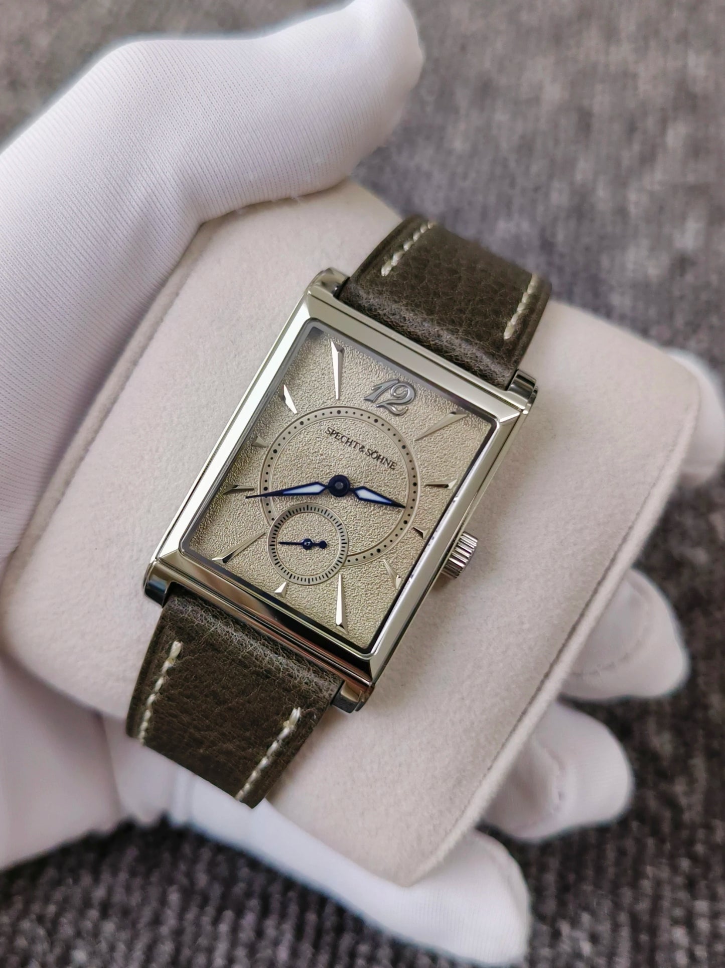 2026 Specht&Söhne Ultra Thin 7.5mm Rectangular Watch Japan Quartz Movement Small Seconds Sandblasted Dial Grey Leather Strap Watch