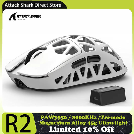 Геймърска мишка ATTACK SHARK R2 от магнезиева сплав, PAW3950, три режима, 8000hz, 42000 DPI, ултралека 45g, микропревключватели за 100M клика