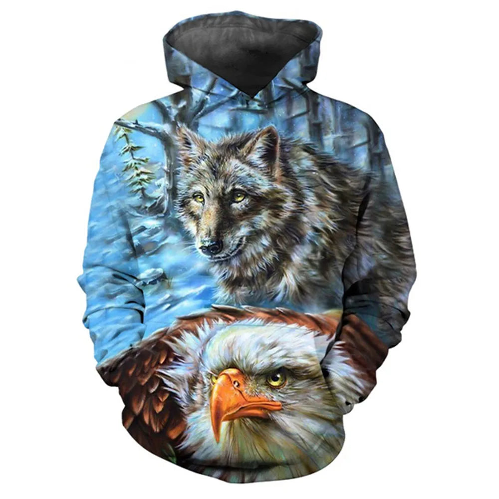 Sweatshirt com capuz oversized casual unissexo com estampado 3D de tigre, águia e lobo, estilo descontraído, pulôver de moda popular para homem