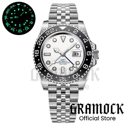 Gramock White Dial Blue GMT 40MM Watch For Men Roating Bezel Sapphire Glass Waterproof Reloj Hombre NH34A Mechanical Wristwatch