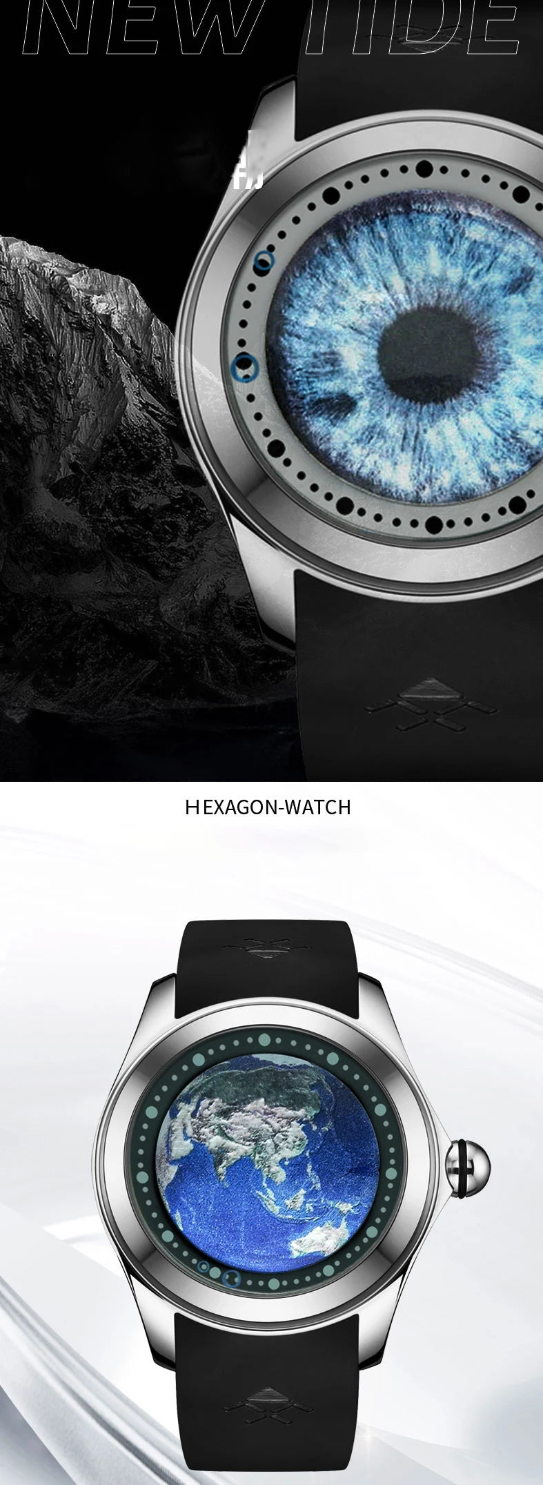 KAFYASE Fashion Earth  Bubble Rubber Automatic Watches Luxury Men 46mm Mechanical Wristwatches Art Eye Ball Dial Classic Watch