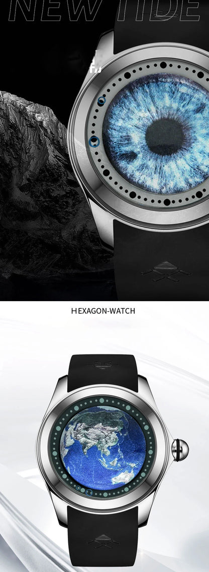 KAFYASE Fashion Earth  Bubble Rubber Automatic Watches Luxury Men 46mm Mechanical Wristwatches Art Eye Ball Dial Classic Watch