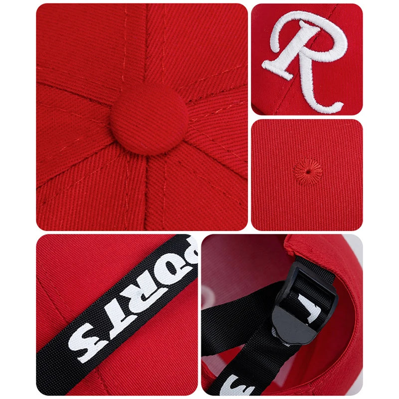 R-Buchstabe, Bandstickerei, Baumwolle, verstellbar, Baseballkappe mit festem Schirm, Sonnenhut, Trucker-Caps, Hip-Hop-Caps
