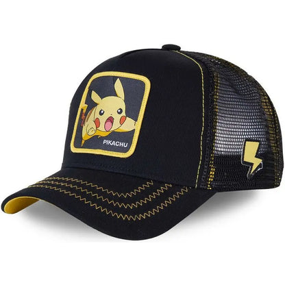 Pokémon-broderad basebollkeps med Pikachu, Gengar, Snorlax och Psyduck – anime-inspirerad, justerbar keps i ventilerande nätmaterial – cosplay-presenter