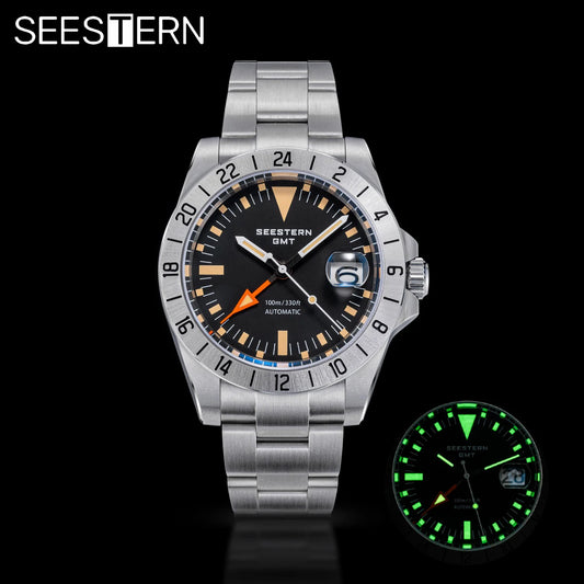 SEESTERN GMT Retro Watch for Men NH34 Automatic Movement Mechanical Wristwatches Sapphire Crystal Fine-tuning Pull Button S436