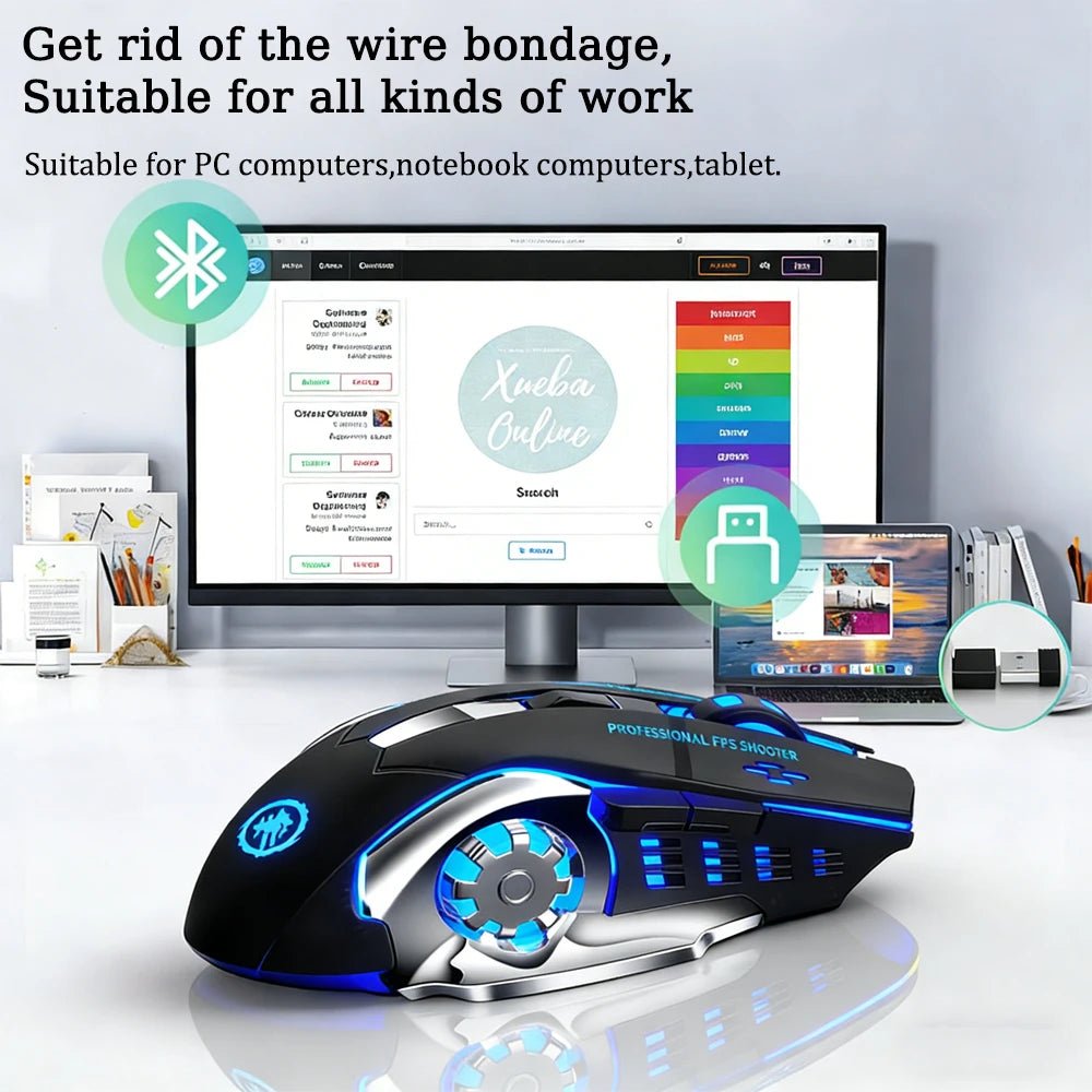 Vezeték nélküli Bluetooth egér 2.4G USB Mecha gaming egér, újratölthető, halk, háttérvilágításos, ergonomikus irodai egér, gamer kiegészítők