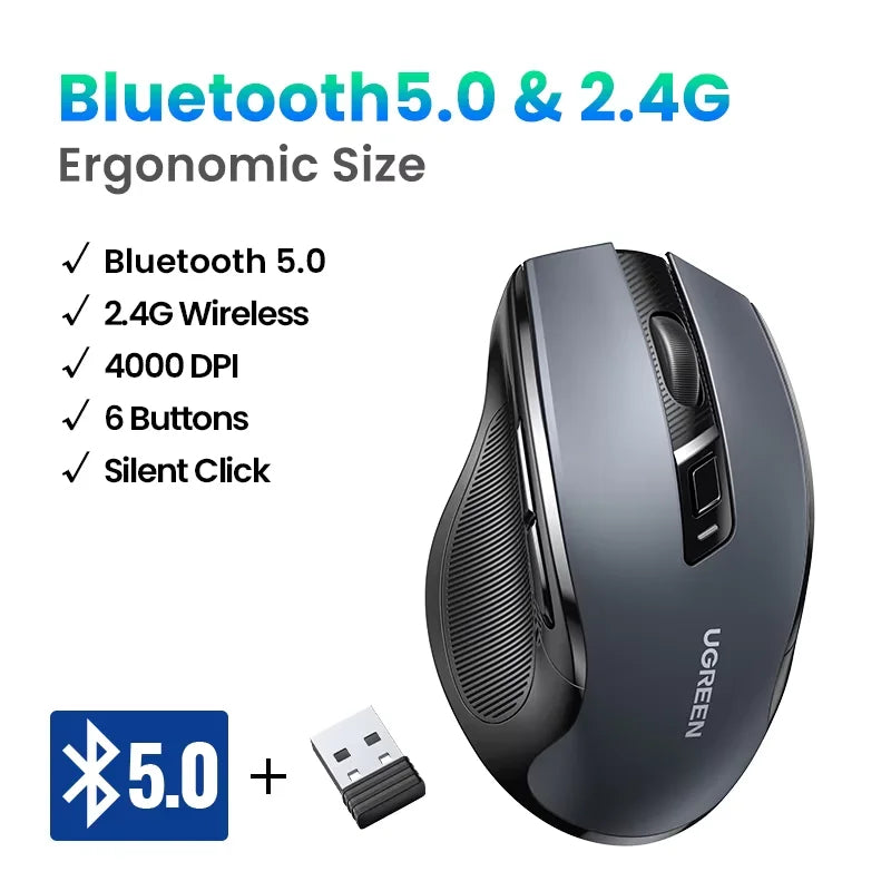 UGREEN langaton hiiri Bluetooth 5.0, ergonominen 4000DPI, 6 hiljaista painiketta, MacBookille, tabletille, kannettaville tietokoneille, tietokoneelle ja PC:lle, 2.4G-hiiri