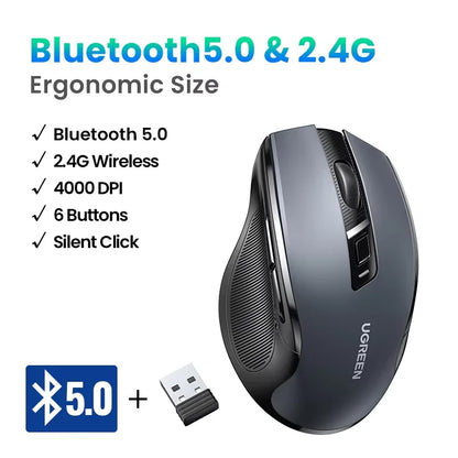 UGREEN belaidė pelė Bluetooth5.0, ergonomiška 4000DPI pelė su 6 tyliais mygtukais, skirta MacBook, planšetėms, nešiojamiesiems kompiuteriams, kompiuteriams ir PC, 2.4G pelė