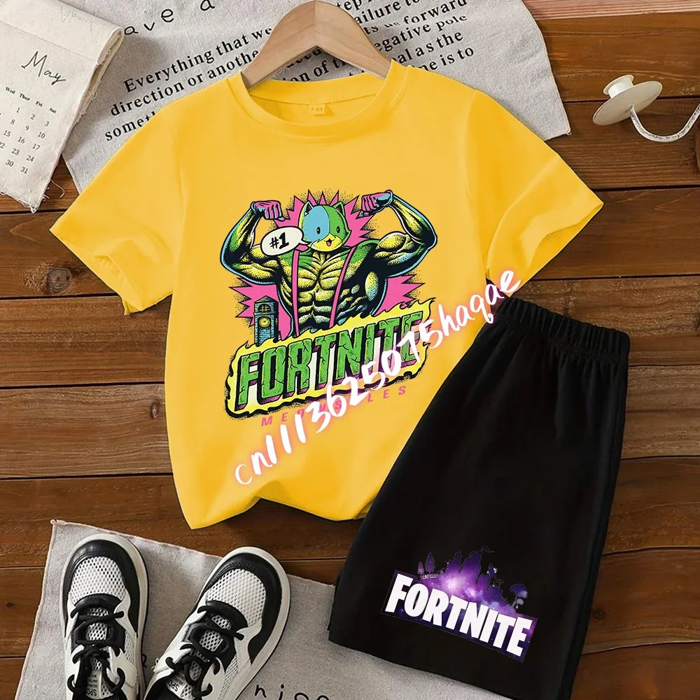 Σετ παιδικό Fortnite με T-shirt και σορτς, μπλουζάκι με εκτύπωση cartoon φιγούρας, καλοκαιρινό casual αθλητικό ένδυμα για αγόρια