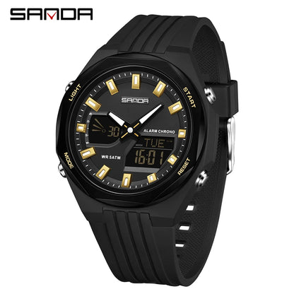 Fashion SANDA 6267 Men's Electronic Watch Multifunctional Operation Night light waterproof Dual Display Student Electronic Watch