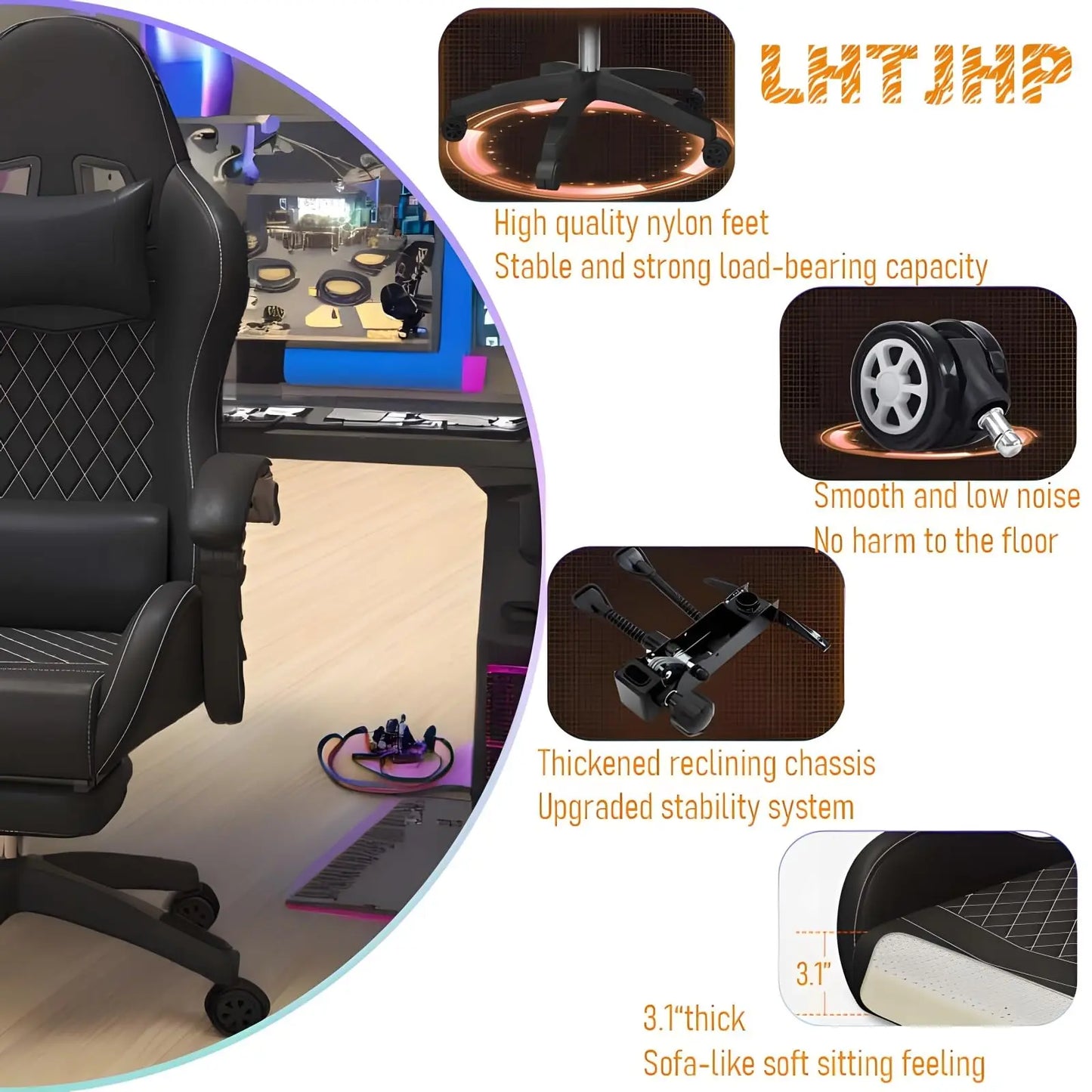 Hestora PU-leren grote en hoge gamingstoel, ergonomische computerstoel met hoge rugleuning, voetensteun en masserende lendensteun voor volwassenen