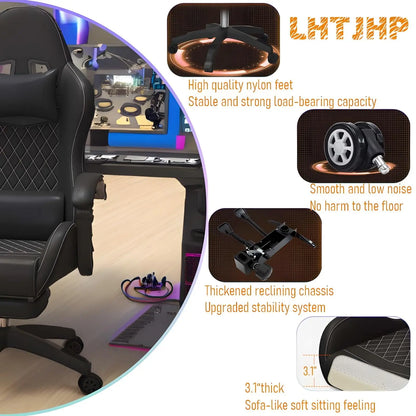 Hestora PU-leren grote en hoge gamingstoel, ergonomische computerstoel met hoge rugleuning, voetensteun en masserende lendensteun voor volwassenen