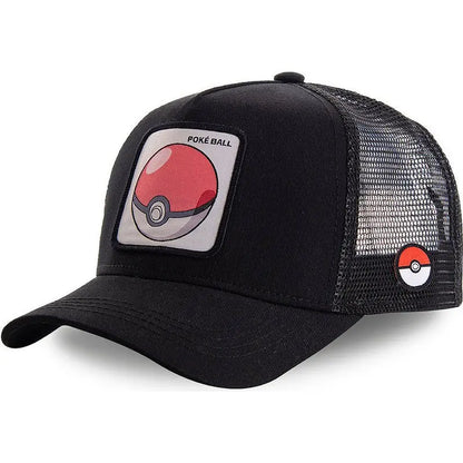 Pokémon-broderad basebollkeps med Pikachu, Gengar, Snorlax och Psyduck – anime-inspirerad, justerbar keps i ventilerande nätmaterial – cosplay-presenter