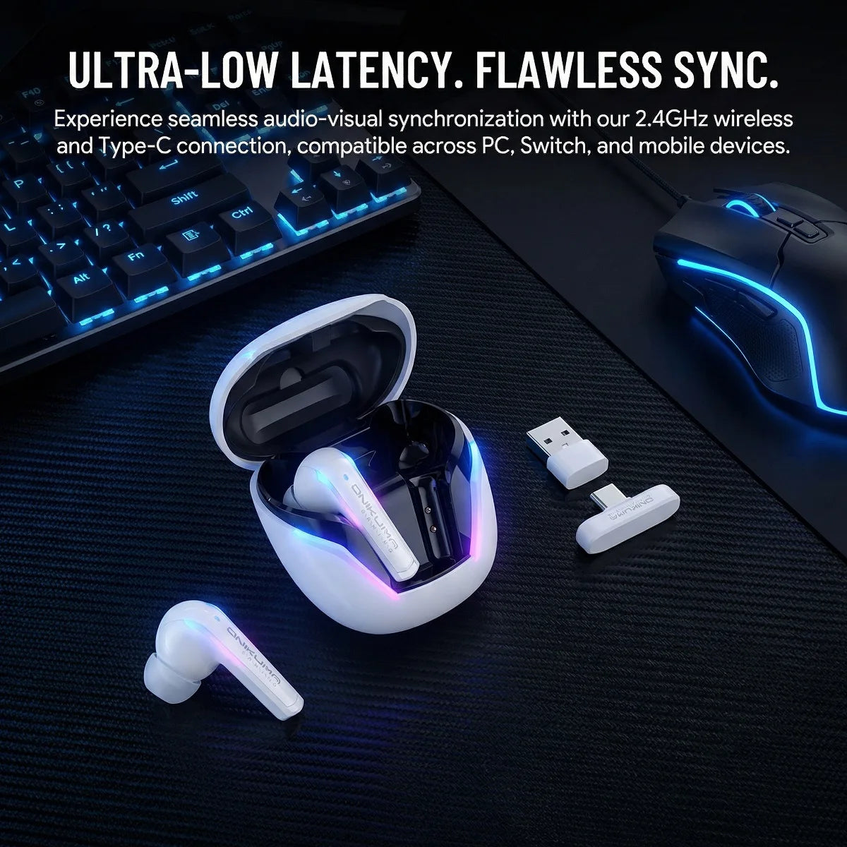 ONIKUMA T27 Wireless Earbuds Dual-mode Headset Independent Connection with Touch Control 2.4GHz Low Latency Stereo Bluetooth