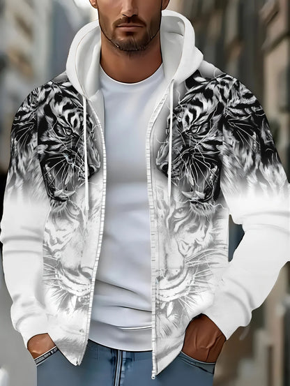 2025 Mens Long Sleeve Zip up Tiger Graphic Hoodie Casual Outdoor Fashion Coat with Drawstring and Pockets Zipup Hoodie for Man