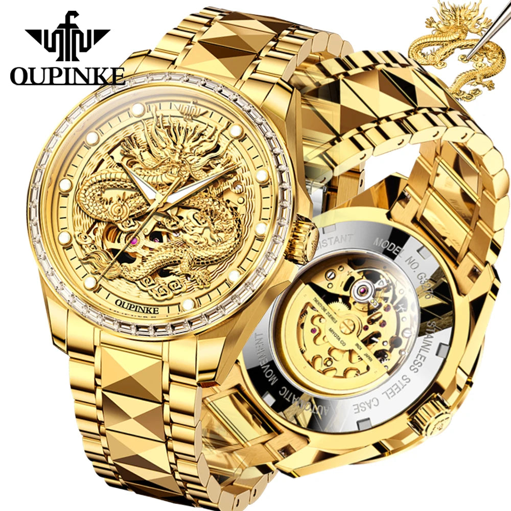 Reloj para hombre OUPINKE de marca de lujo, oro y acero de tungsteno, original, automático mecánico, con esfera decorada con motivo de dragón