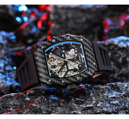 Mechanické hodinky s tourbillonem pro muže, silikonový řemínek, skeletové, tvaru tonneau, automatické, luxusní pánské hodinky Reloj Hombre
