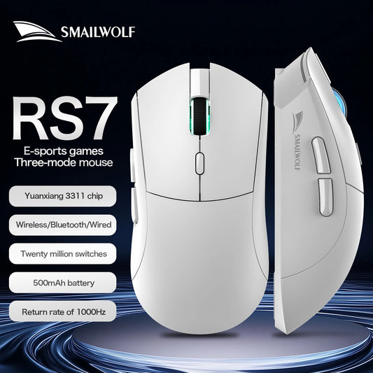 SMAILWOLF RS7 „Bluetooth“ belaidė žaidimų pelė, trijų režimų PAW3311 makrokomandų pelė nešiojamajam kompiuteriui, žaidimams ir biurui