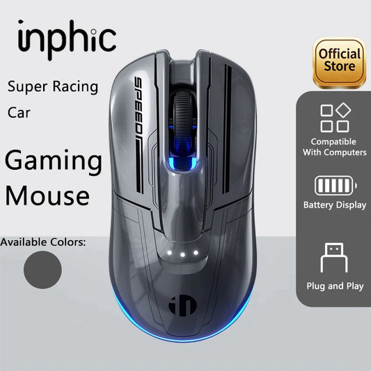 INPHIC Super Racing Car Series Wireless Bluetooth Gaming Mouse, 12800 DPI Rechargeable RGB Gaming Mouse with Battery Display, Customizable Wireless Mouse