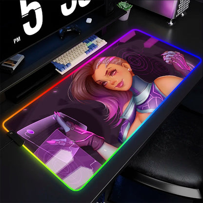 Podkładka gamingowa pod mysz i klawiaturę Overwatch Sombra, mata na biurko LED RGB, gumowa, kawaii, do notebooka